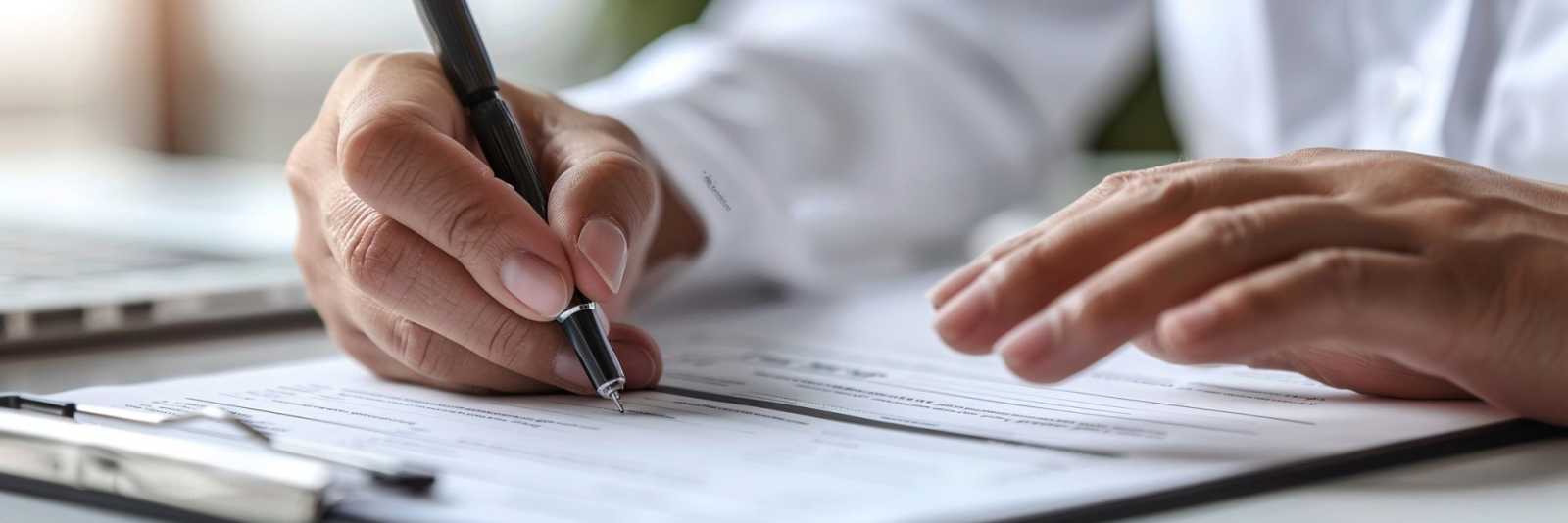 Person unterschreibt Dokument im AEO-Antragsverfahren zur Zoll-Zertifizierung